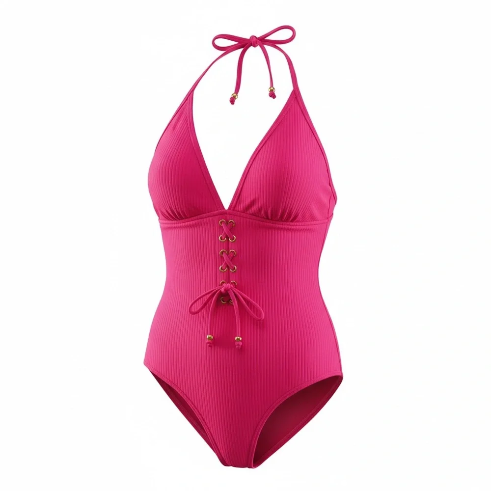 EUC Bongo Pink Ribbed Plunge Lace-Up One Piece‎ Swimsuit Size Large